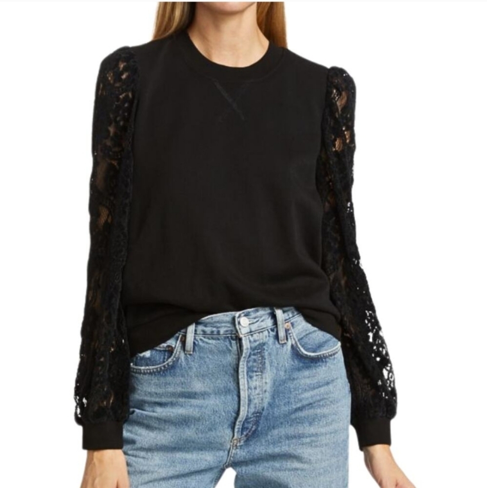 CAMI NYC Risa Mixed Media Cotton Fleece & Velvet Lace Long Sleeve Pullover SZ M
